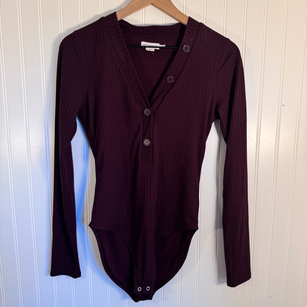 Good American Burgundy Ribbed Button Down  Long Sleeve Bodysuit Size Small - Picture 2 of 12
